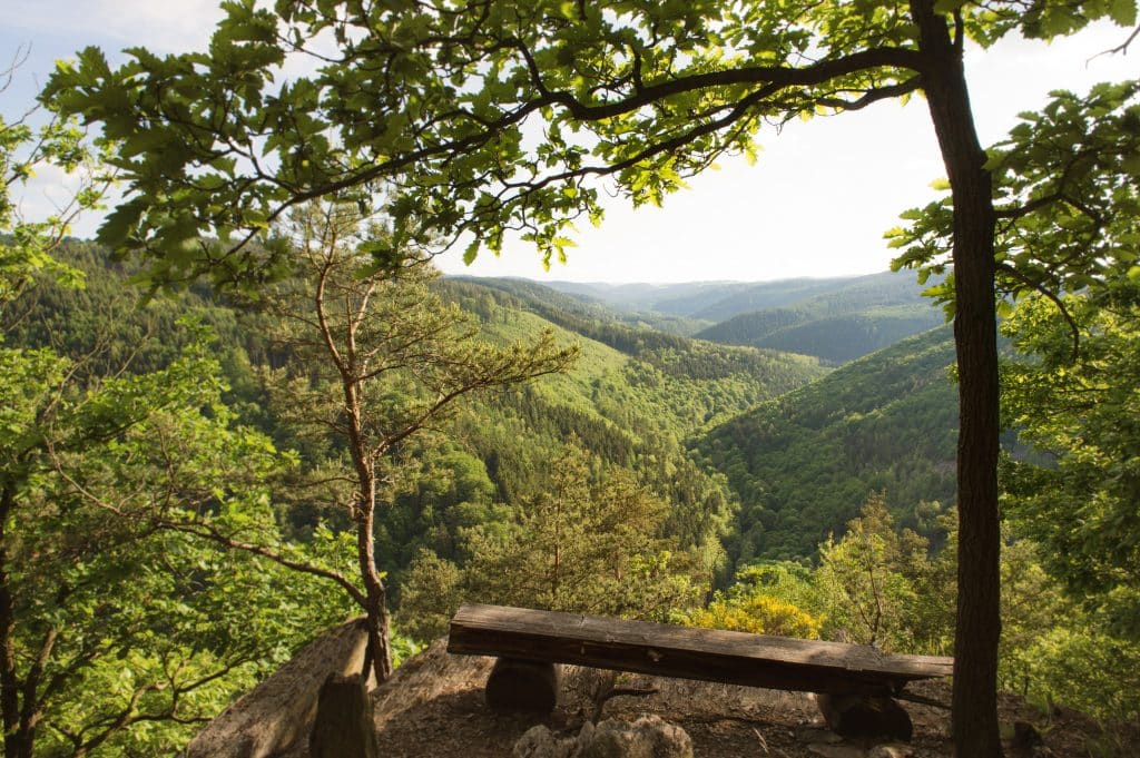 Ausblick ins Schwarzatal. Im Vordergrund steht eine Bank.