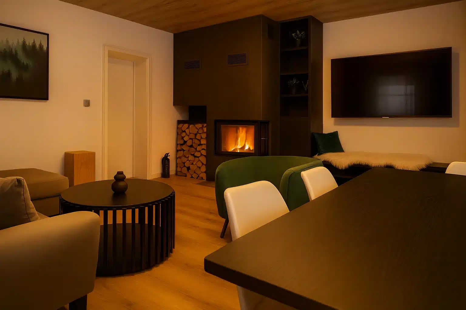 Wohnzimmer im Hillside 18 mit brennendem Kamin