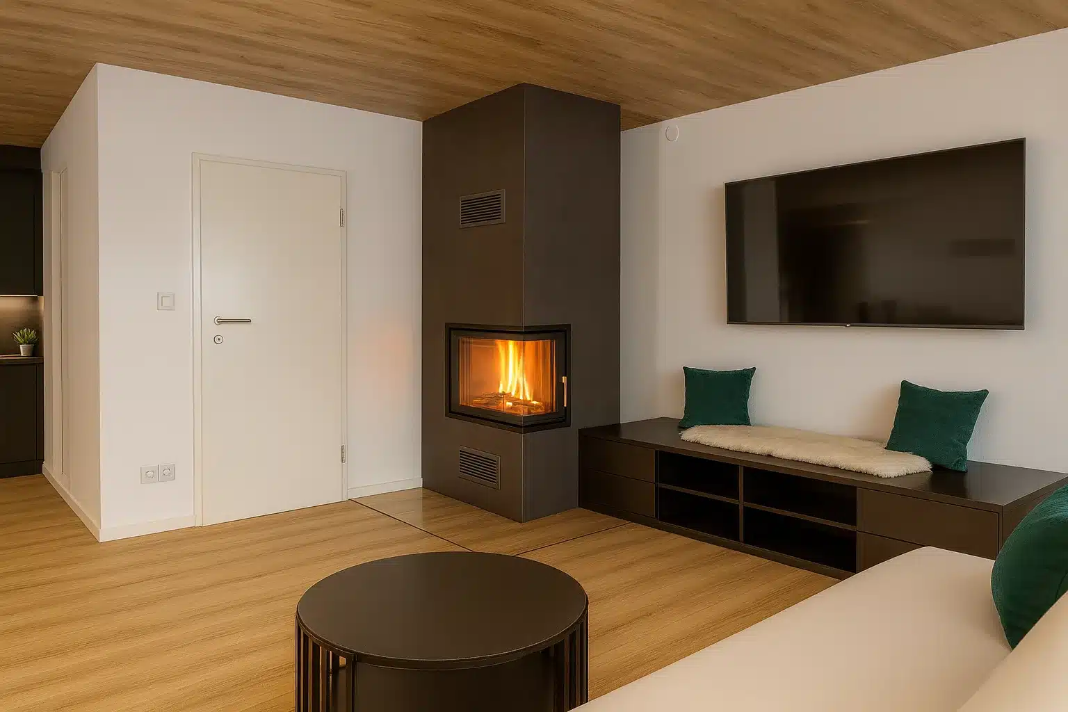 Brennender Kamin und Sitzecke im Hillside 18