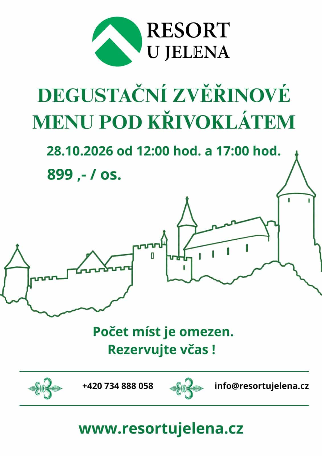 Plakát: Degustační zvěřinové menu pod Křivoklátem, 28. 10. 2026 od 12:00 a 17:00, 899 Kč na osobu
