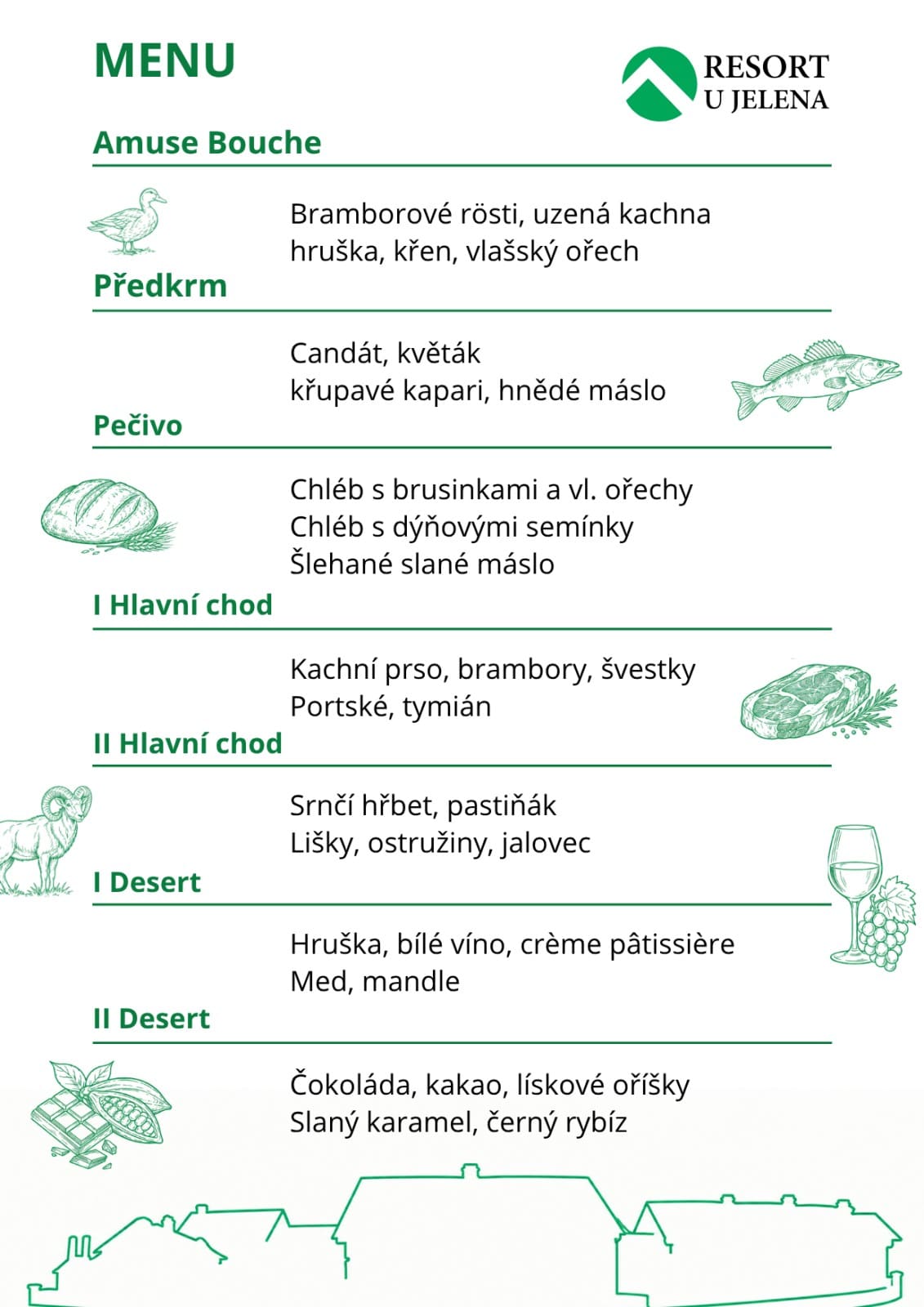 Menu: amuse bouche, předkrm, pečivo, dva hlavní chody a dva dezerty